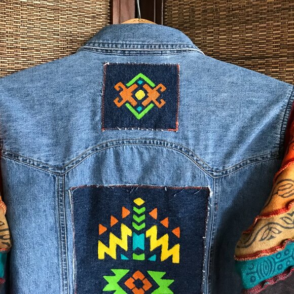 Upcycled Denim Jacket, Size M: Hand-Painted Aztec Patches, Colorful Sleeves - Picture 4 of 12